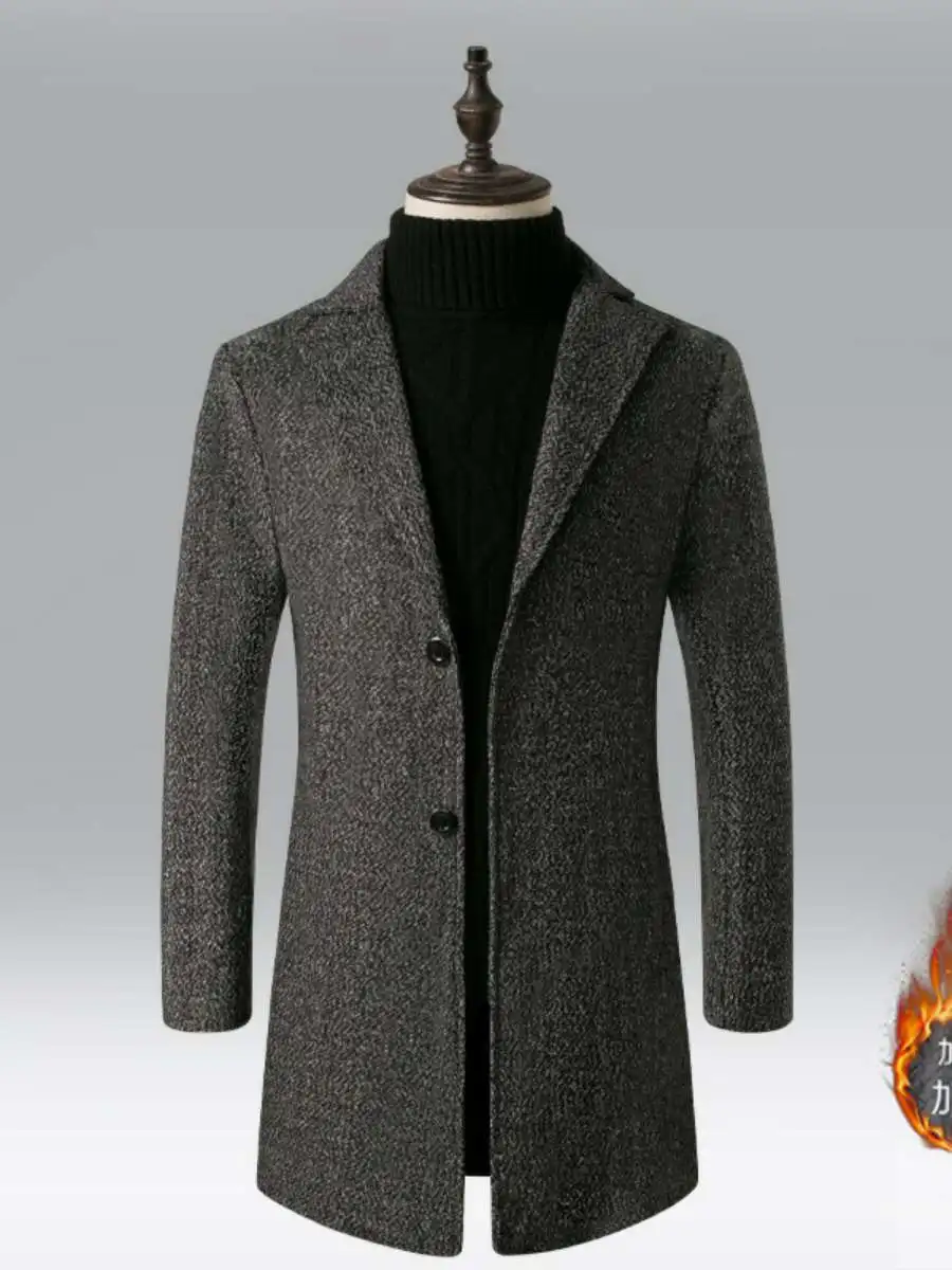 

Men's Thiened Mid-Length Woolen Coat Autumn Winter Faion Outerwear Classic Sle Single-Button Closure Long Coat