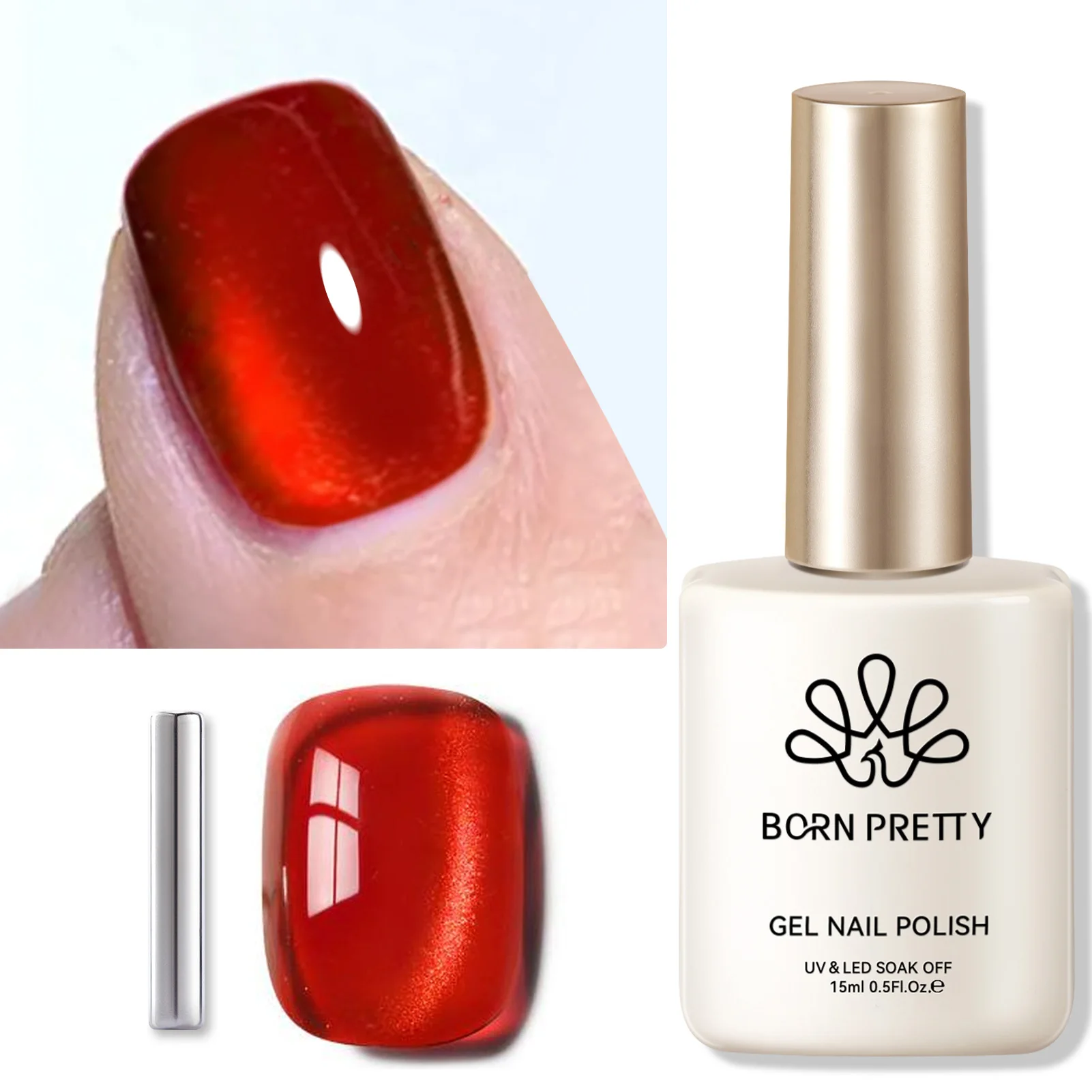 

BORN RRETTY 15ml Red Crystal Beaded Cat Magnetic Gel Nail Polish Semi Permanent Soak Off UV LED Varnish Manicure