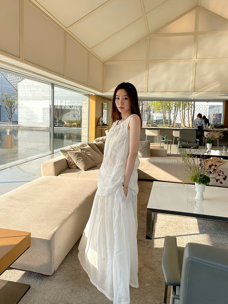 

Chicmoc Linen Dr Set Beach Vaion White Long Skirt Floa Vest Dr Southeast Asian Sle Gathered Waist V-Ne Long Skirt