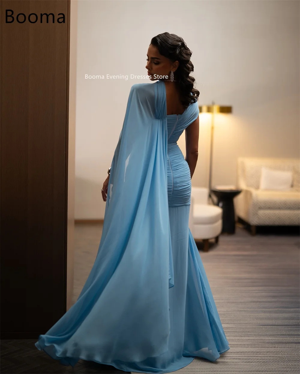 Booma حورية البحر قبالة الكتف الطية الأزرق الشيفون فساتين السهرة فساتين رسمية طويلة للنساء فساتين حفلات أنيقة مخصص