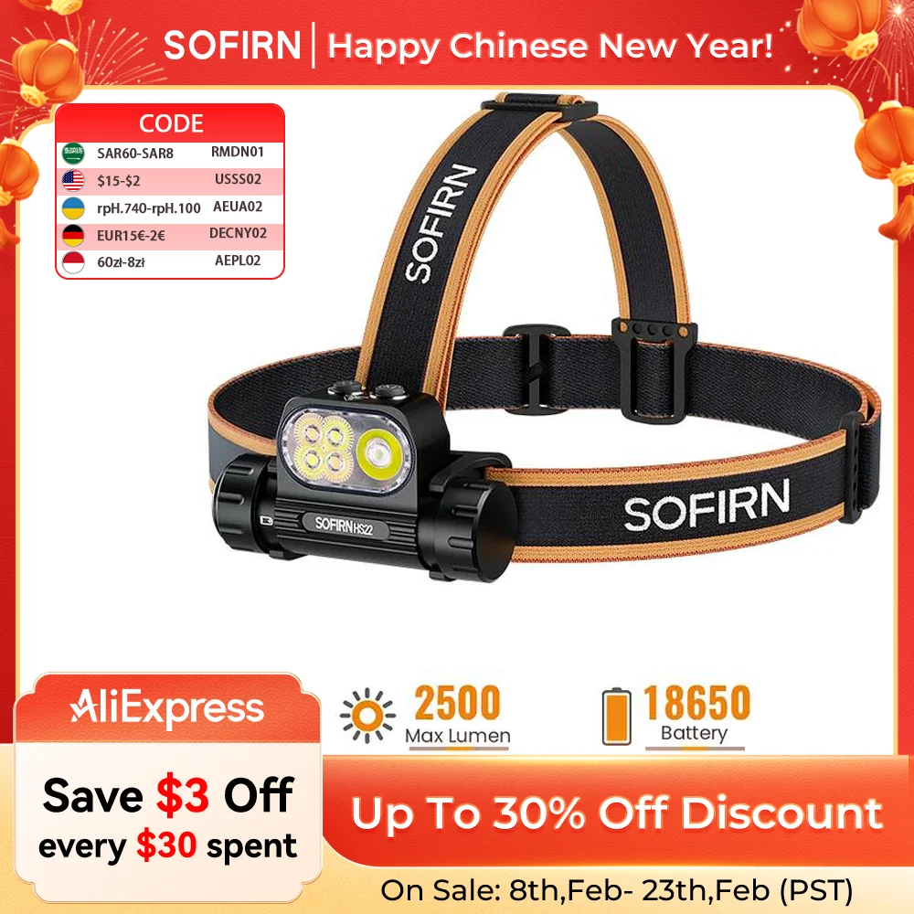 Sofirn HS22 2500lm Multi light Sources Headlamp SFT25R LED 6000K Rechargeable With 2700K Warm light Dual Switch