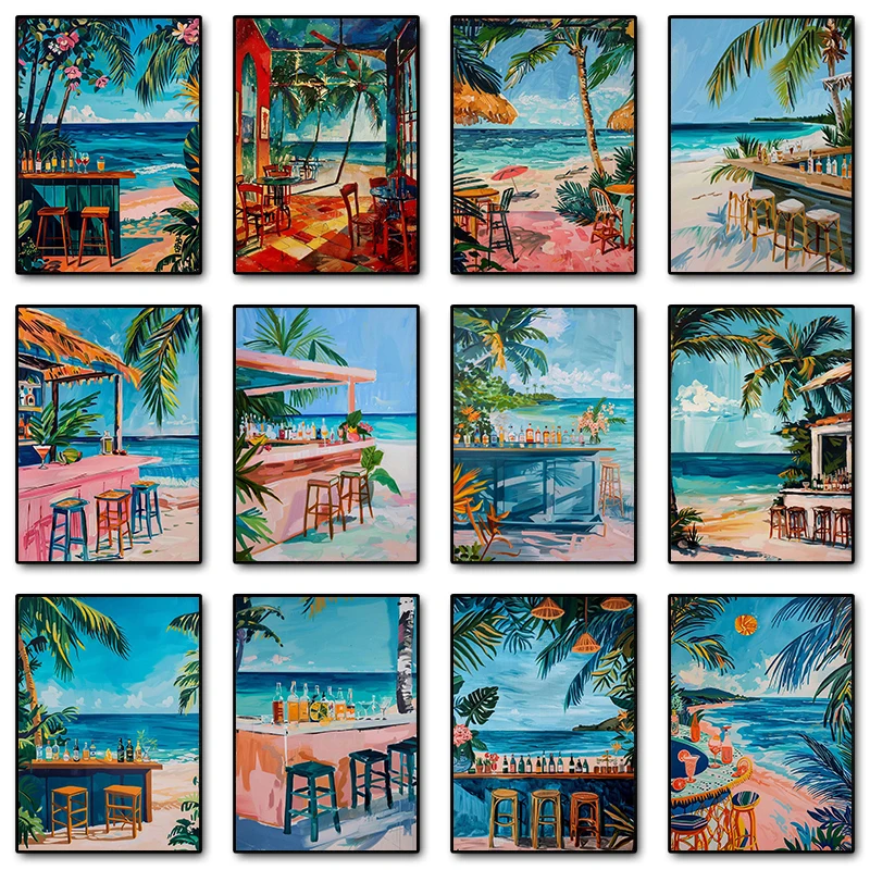 Karibische Strandbar Poster Tropische Cocktailbar am Meer Druck Diamantmalerei Wandkunst Bild für Zimmer Heimdekoration Geschenk