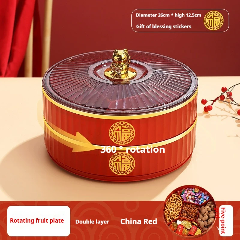 Home furnishing Chinese red rotatable fruit storage box with lid compartment Snack tray Fruit candy tray set Deluxe fruit tray