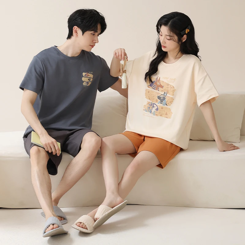 Korean Cotton Homewear for Women and Men Summer Short Sleeves Shorts Nightwear Couples Loungewear Cartoon Cute Rabbit Sleepwear