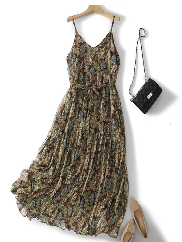 

High Waist A-Line Dress Elegant Walnut Flower Print Maxi Skirt for plus Size Women Vintage Style Casual Summer Gown