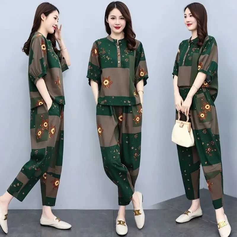 Summer Sets 2025 New Fashion Retro Short Sleeved Printed Tops And Harlan Pants Women Suits Set Casual Loose Two Piece Set 5XL