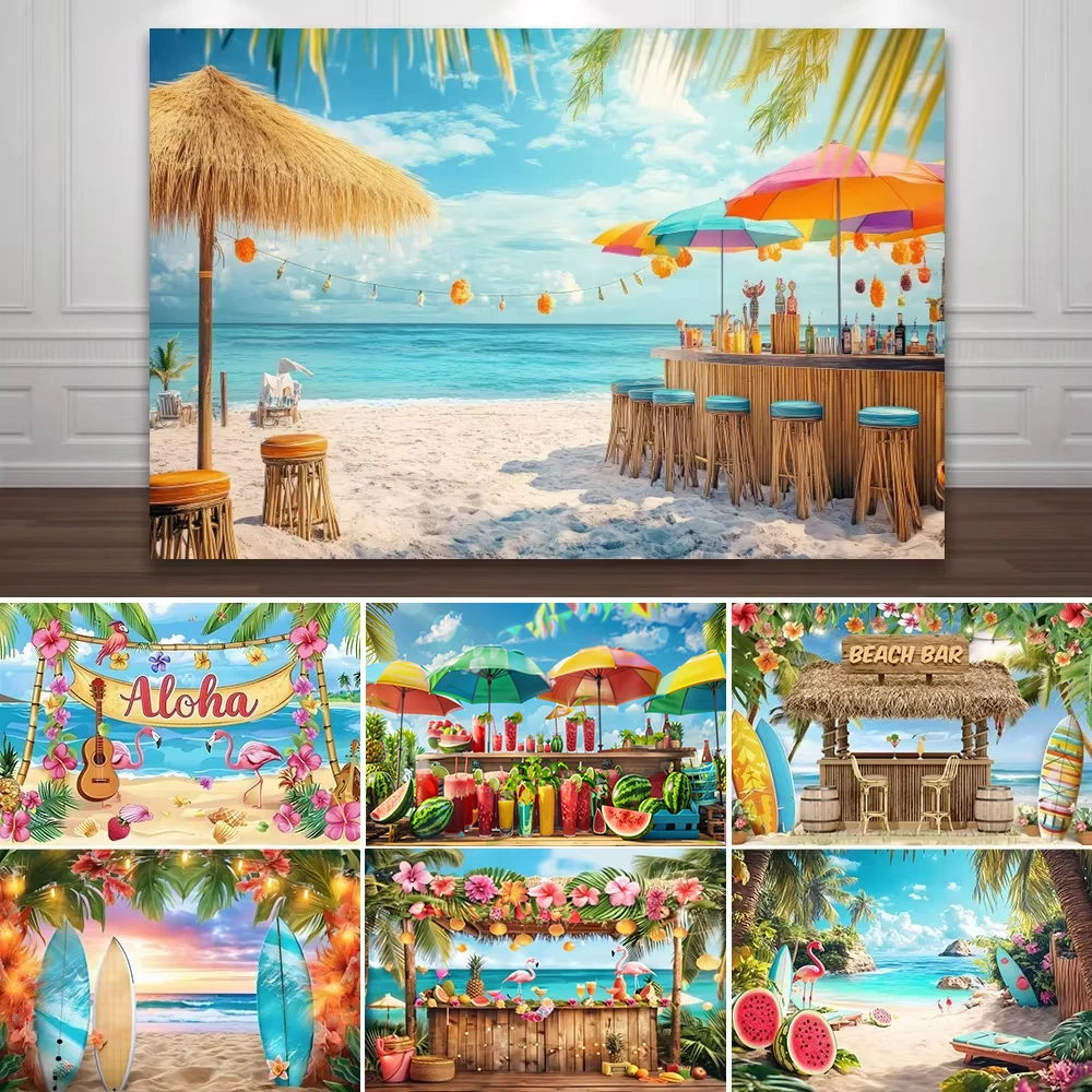 

Hawaiian Luau Party Backdrop Tropical Beach Bar Theme Palm Leaves Surfboard Summer Aloha Photography Background Birthday Seaside