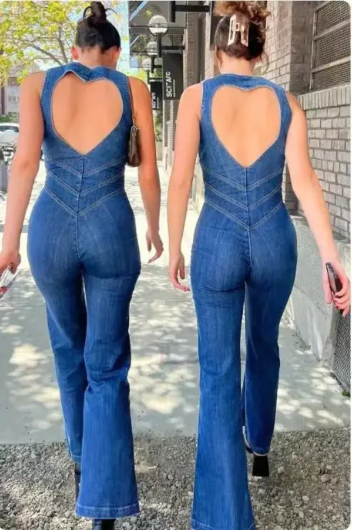 One Piece Denim Jumpsuit Summer New Slim Thin Backless High Waist Overalls Jeans Sleeveless Zipper V Neck Rompers Long Pants