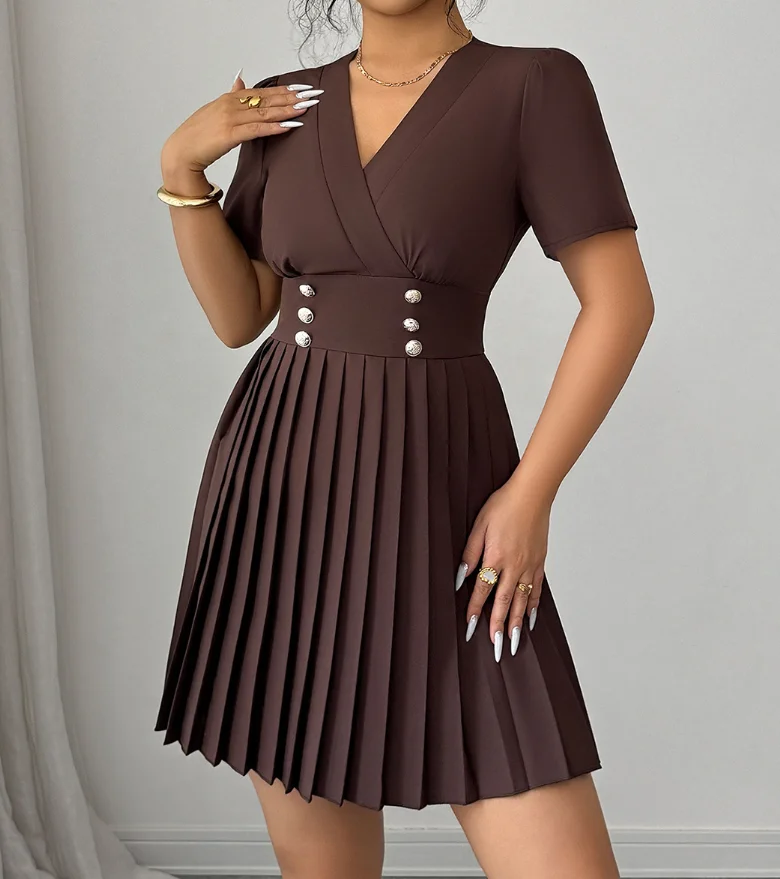 

Women Dresses 2026 Summer New Solid Color Deep V-Neck Button Design Waist Cinched Short Sleeve Casual Pleated Mini Dress