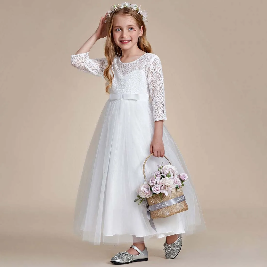 YZYmanualroom Charming Bow Lace Flower Girl Dress with Long Sleeves 2-15T