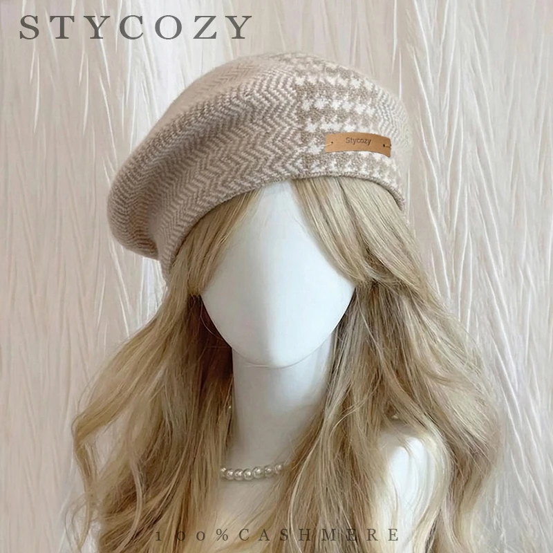 100% Cashmere Beret Women'S Autumn And Winter Thousand Bird Grid Color Blocked Knitted Hat Fashion Jacquard Painter'S Hat