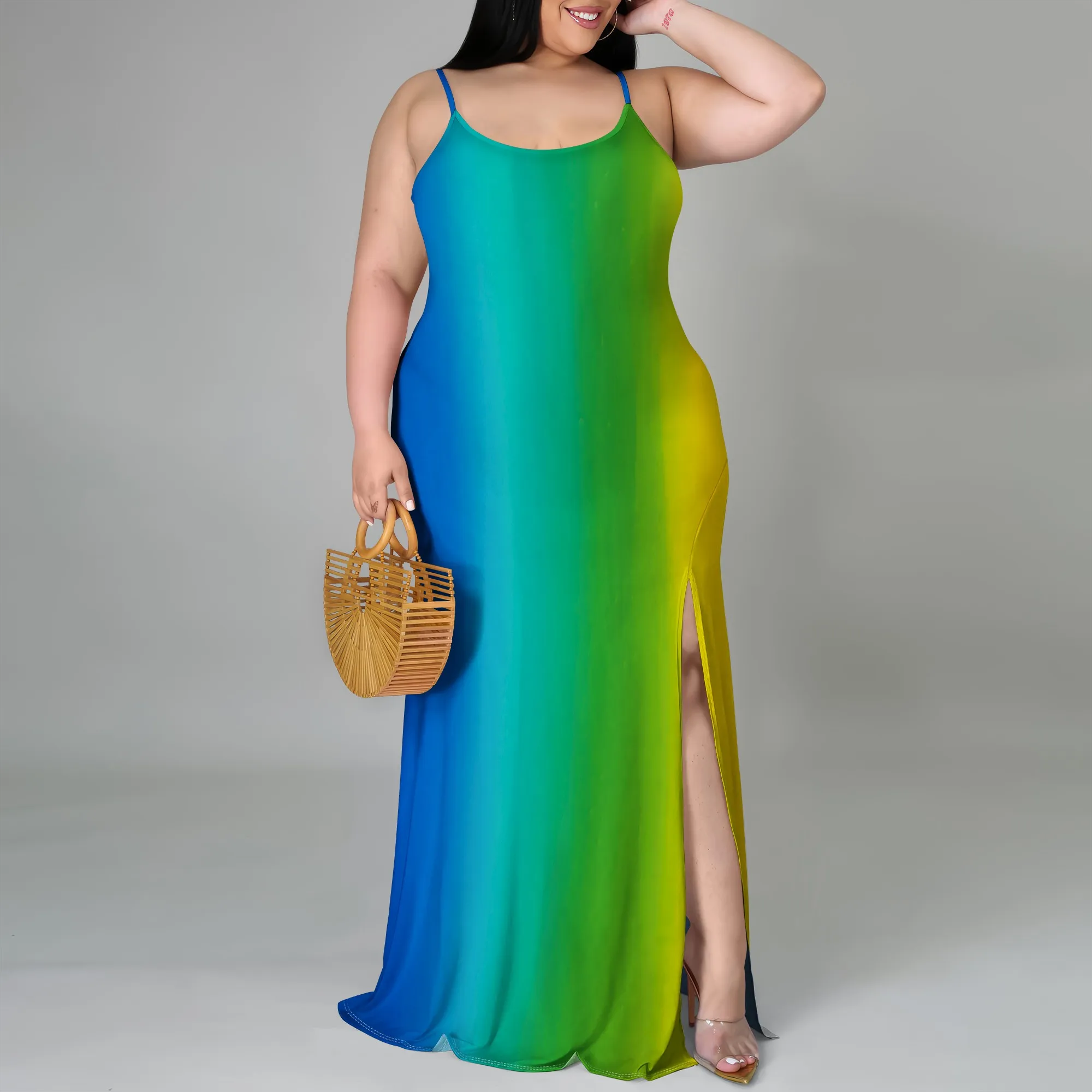 

Green Blue Gradient Maxi Dress XL-6XL Spaghetti Strap with Side Slit for Beach Vacation, Resort Wear or Summer Party Look