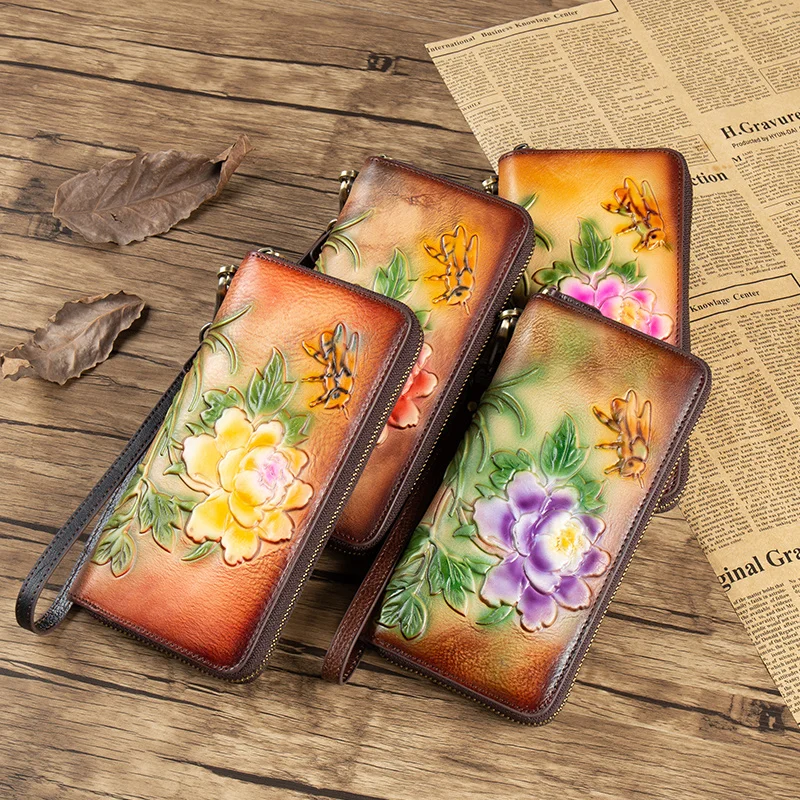 

Western RDIF Blocking Cowhide Leather Peony Bee Embossed Women Wallet Large Capacity Multi-card Slot Zipper Purse for Ladies