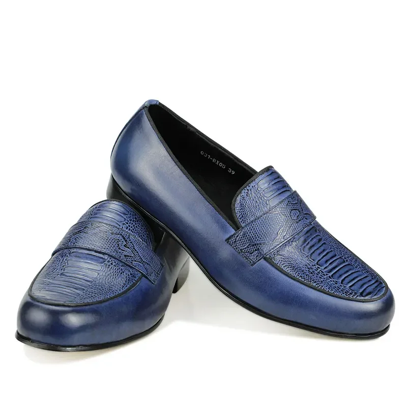 Male Leather Dress Blue Black Shoes New Loafers for Men Wedding Shoe Printing Fashion Casual Footwear Comfortable PU Lining