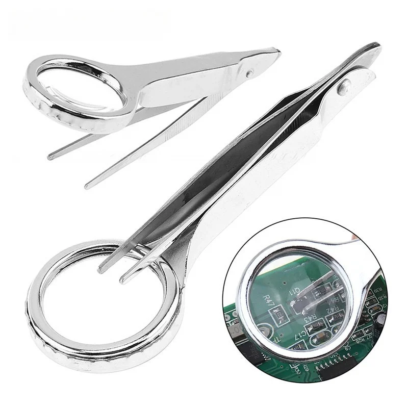 

Handheld Magnifing Glass 5X 25mm Stainless Steel + Acrylic Optical Lenses Portable Magnifier with Tweezers for Identification