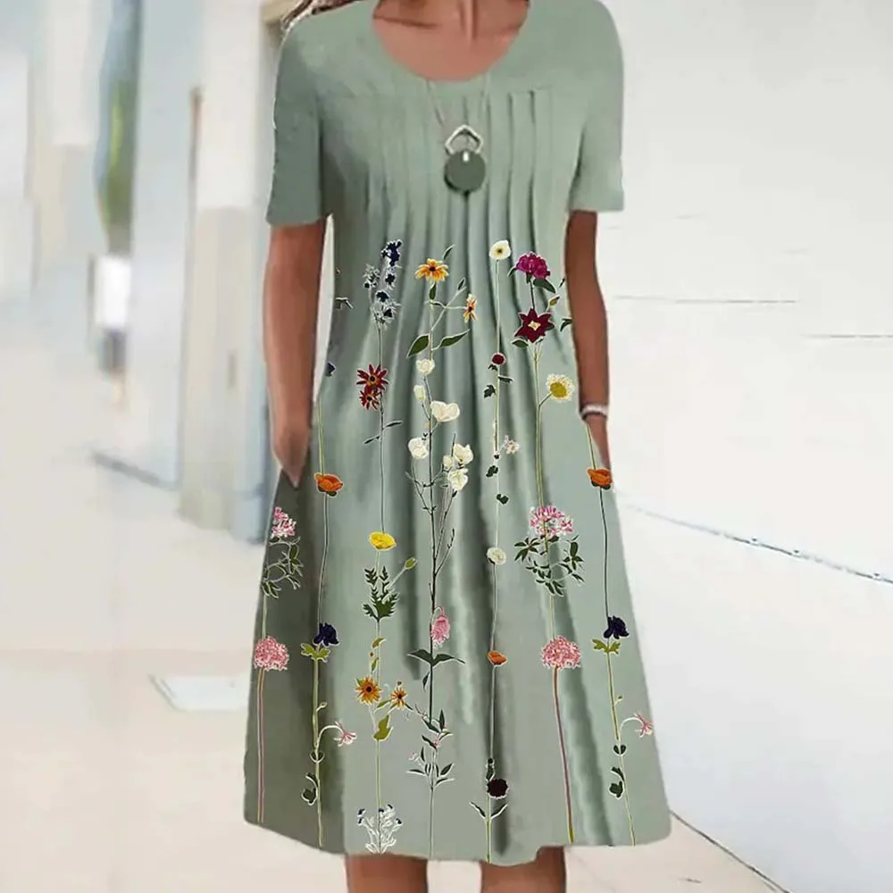 Vestido cómodo informal con estampado Floral de verano 2025, vestido de longitud media con bolsillo y cuello redondo para mujer, ropa de moda para mujer