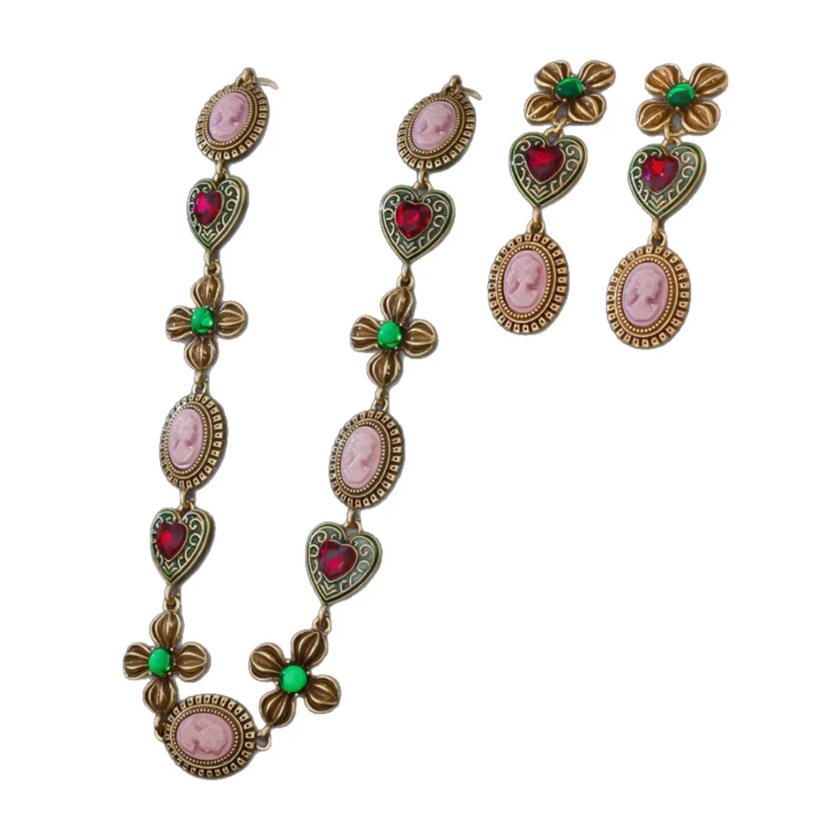 

Kitykiss Vintage Cameo Flower Necklace Set Gothic Heart Portrait Retro Jewelry