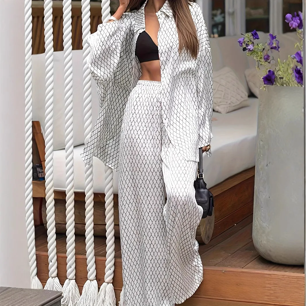 

New Fashionable Printed Shirt + Wide Leg Pants Two-piece Sets Women Summer Casual Loose Top And Trousers Suit For Women