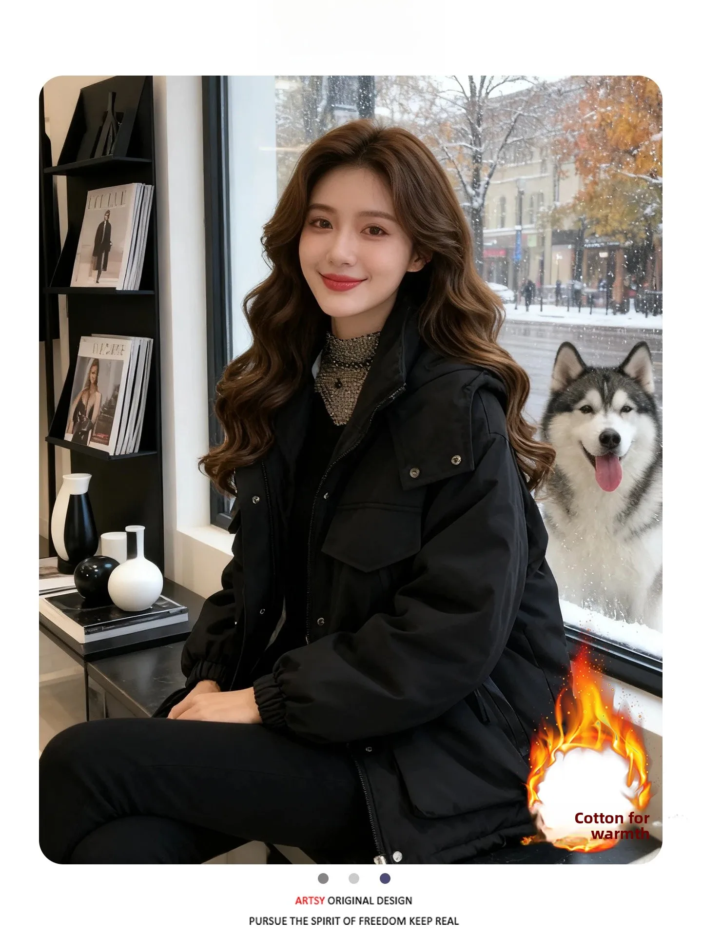 Modny płaszcz zimowy damski do pracy, duży rozmiar, ocieplany polarem, ciepły, koreański styl, luźny krój, zapinany na zamek.