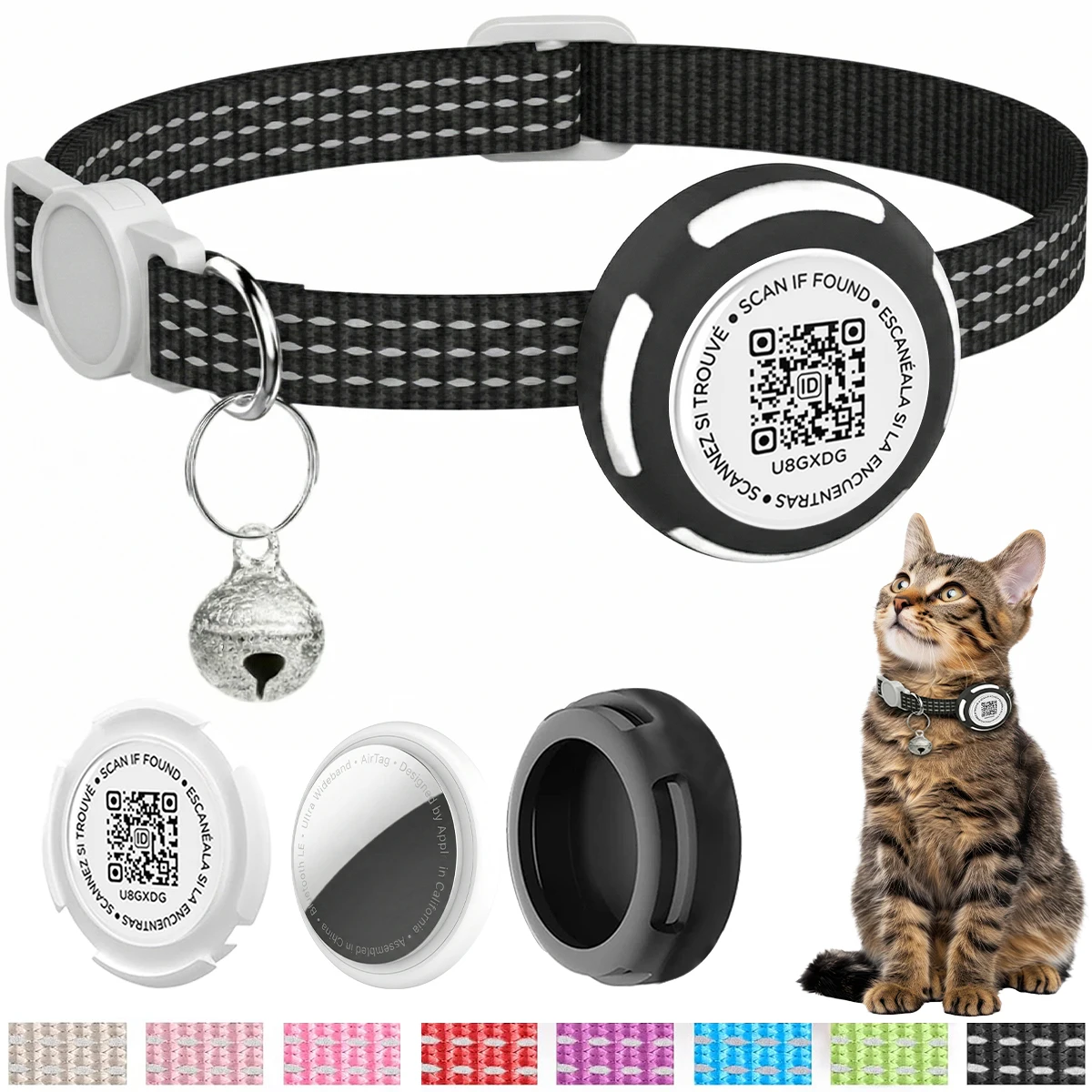 Air Tag Pet Collar with Airtag Holder（No Airtag）& Pet Name QR Code Dual Protection Reflective Cat Collar for Kitten Puppy