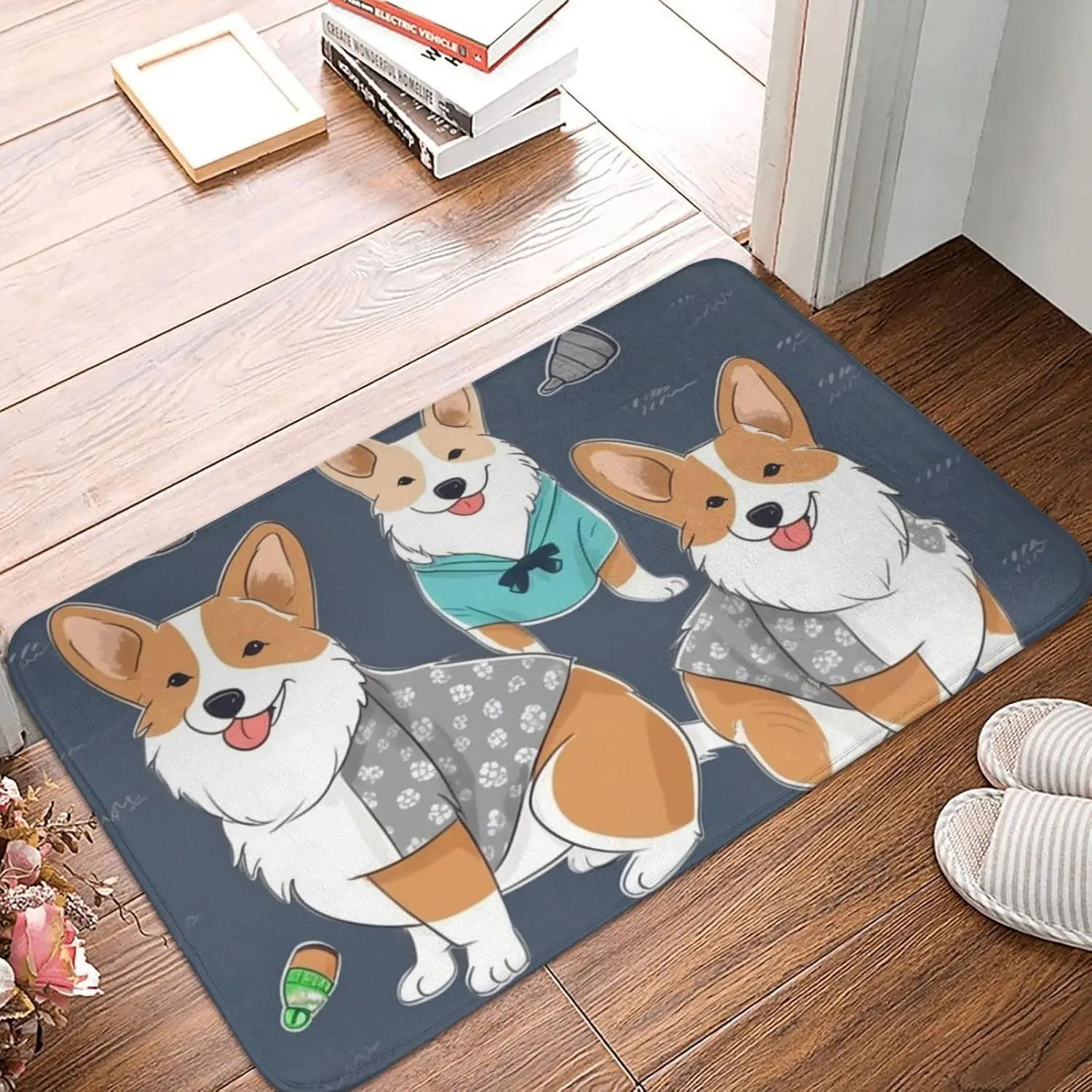 Corgi Dog Bath Mat Wearing Clothes Floor Rug Non Slip Quick Dry Absorbent Carpet for Bathroom Entryway 16x24 Inch