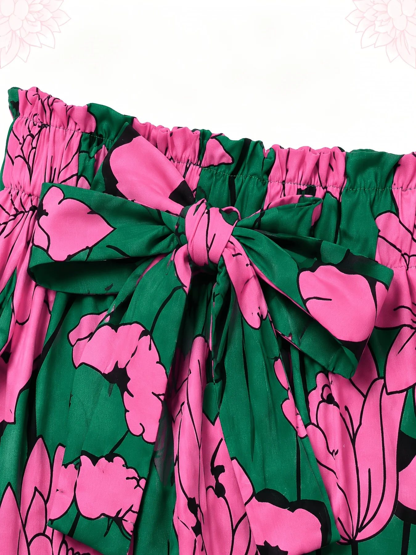 Women's Green Pink Floral Print Wide Leg Pants Ruffle High Waist Tie Bow Draped Loose Fit Casual Summer Trousers