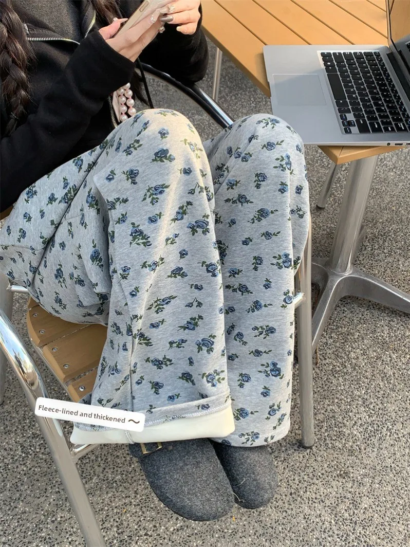 بنطلون نسائي واسع الساق بطبعة زهور وخصر مرتفع مع رباط، مريح وفضفاض، أزياء نسائية عصرية