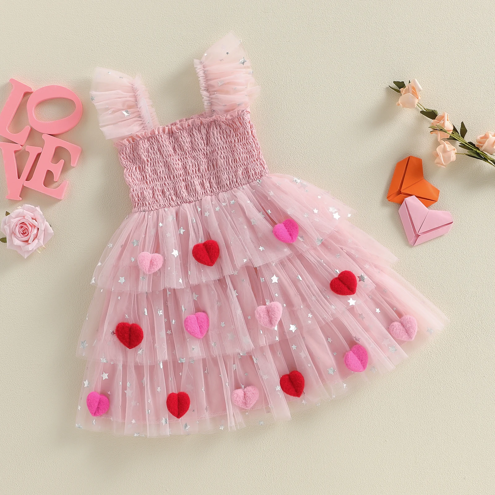 

Toddler Baby Girls Tutu Dress Princess Lovely Kids Cotton Heart Decorated Sleeveless Dress Children Square Neck Tulle Dress