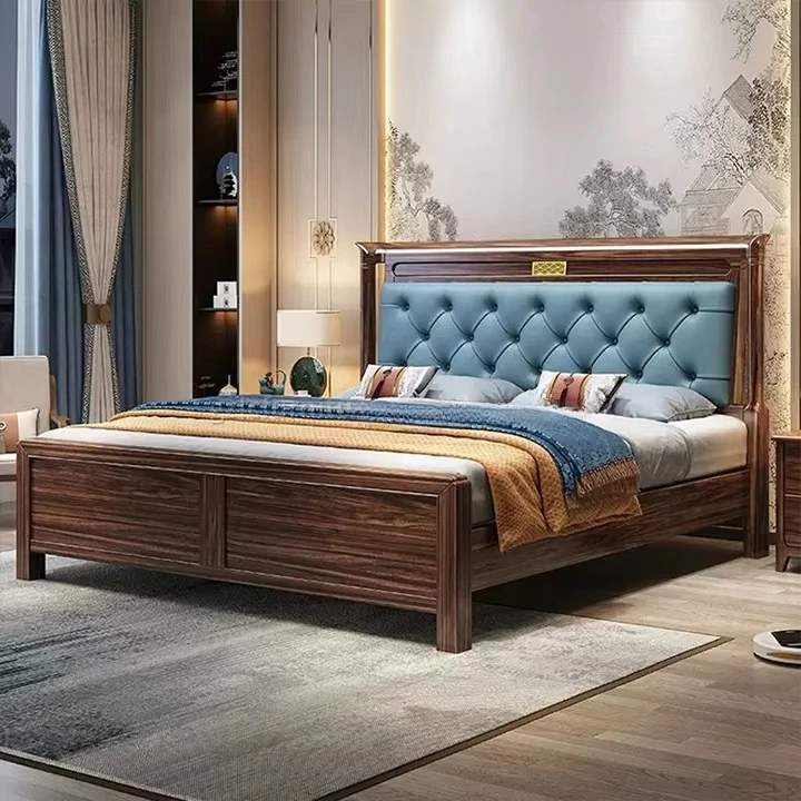 !@Modern Solid Wood Furniture Bedroom Storage Double Bed High Headboard Design king Bed Ebony Frame Wooden Bed for Hotel Bedroom