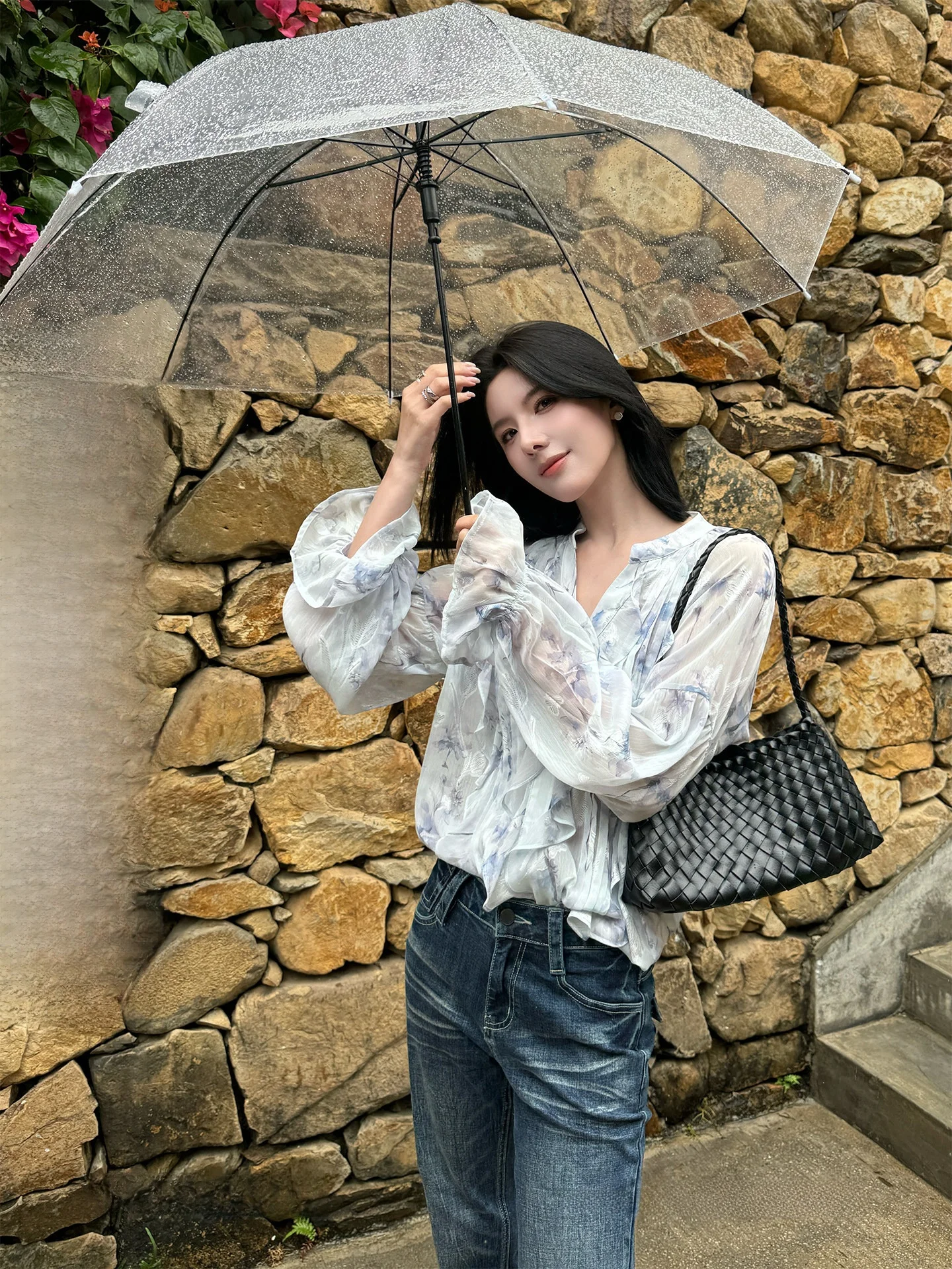 

Ele Blue Floral Print irt Lightweight Bell Sve Women's Top Spring Collection Breathable Polyester Casual Wear