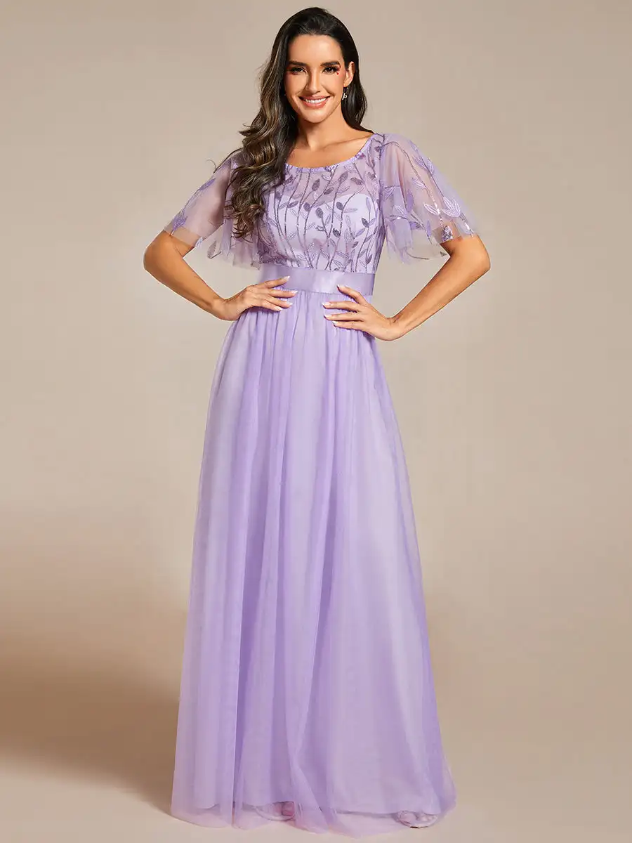 

Elegant Evening Dresses Sequin Print Maxi Long with Cap Sleeve A-LINE 2024 BAZIIINGAAA of Lavender Gauze Bridesmaid dresses