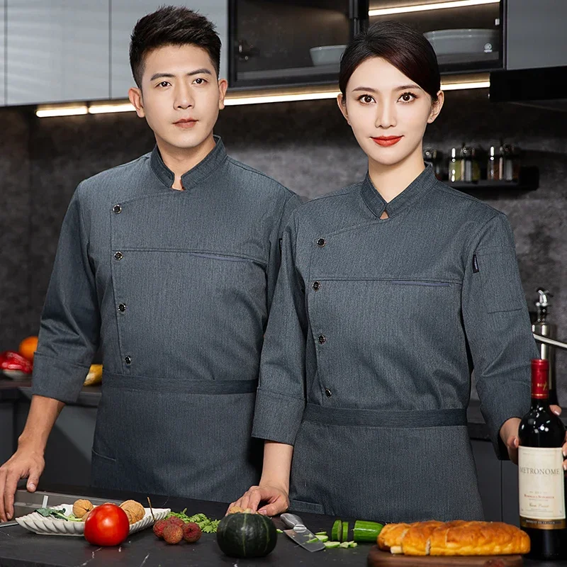 Conjunto de uniforme de Chef de manga larga para hombre y mujer, traje de trabajo de cocina de Hotel y restaurante, chaqueta fina transpirable y delantal, 2 piezas