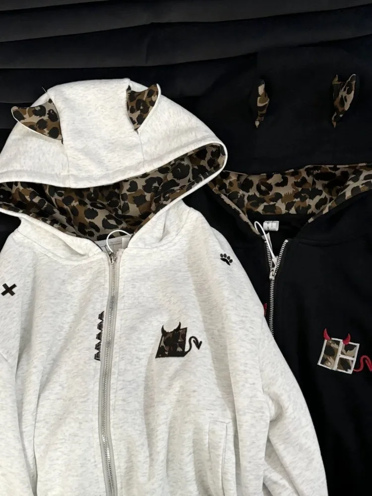 Herbst Winter Leopard Print Patchwork Mit Kapuze Sweatshirt Frauen Casual Lose Zipper Jacke Y2k Harajuku Mode Oberbekleidung Tops Neue