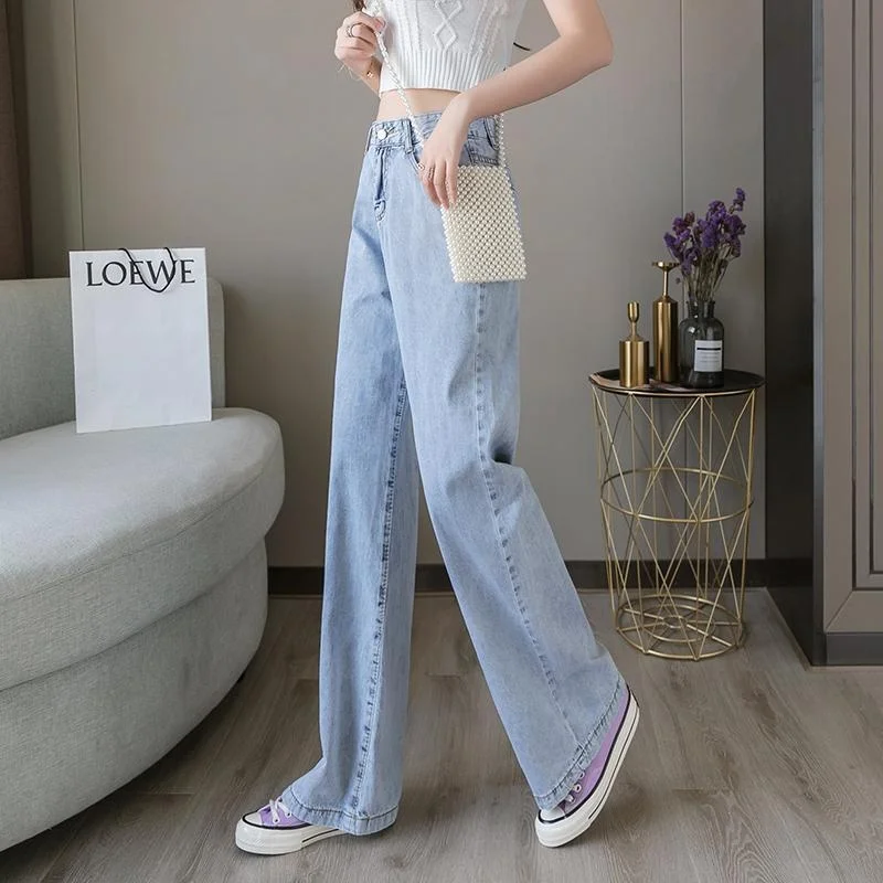 

High Waist Thin Denim Jeans Women's Autumn Style Korean Version Ha Yeoa Floor Length Pants Straight Cut Commute Quality