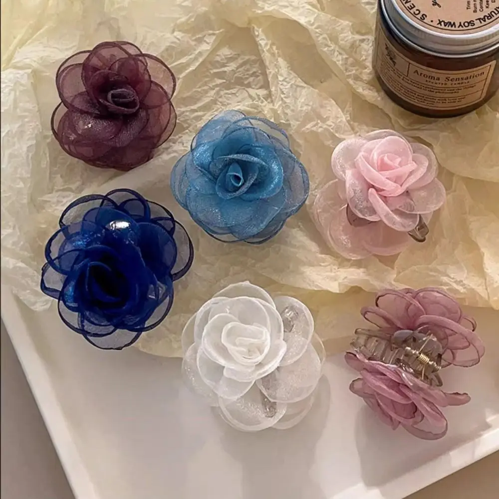 

Cloth Simulation Flower Hair Claw French Style Mesh Camellia Shark Clip Headdress Ponytail Holder Flower Claw Clip Seaside