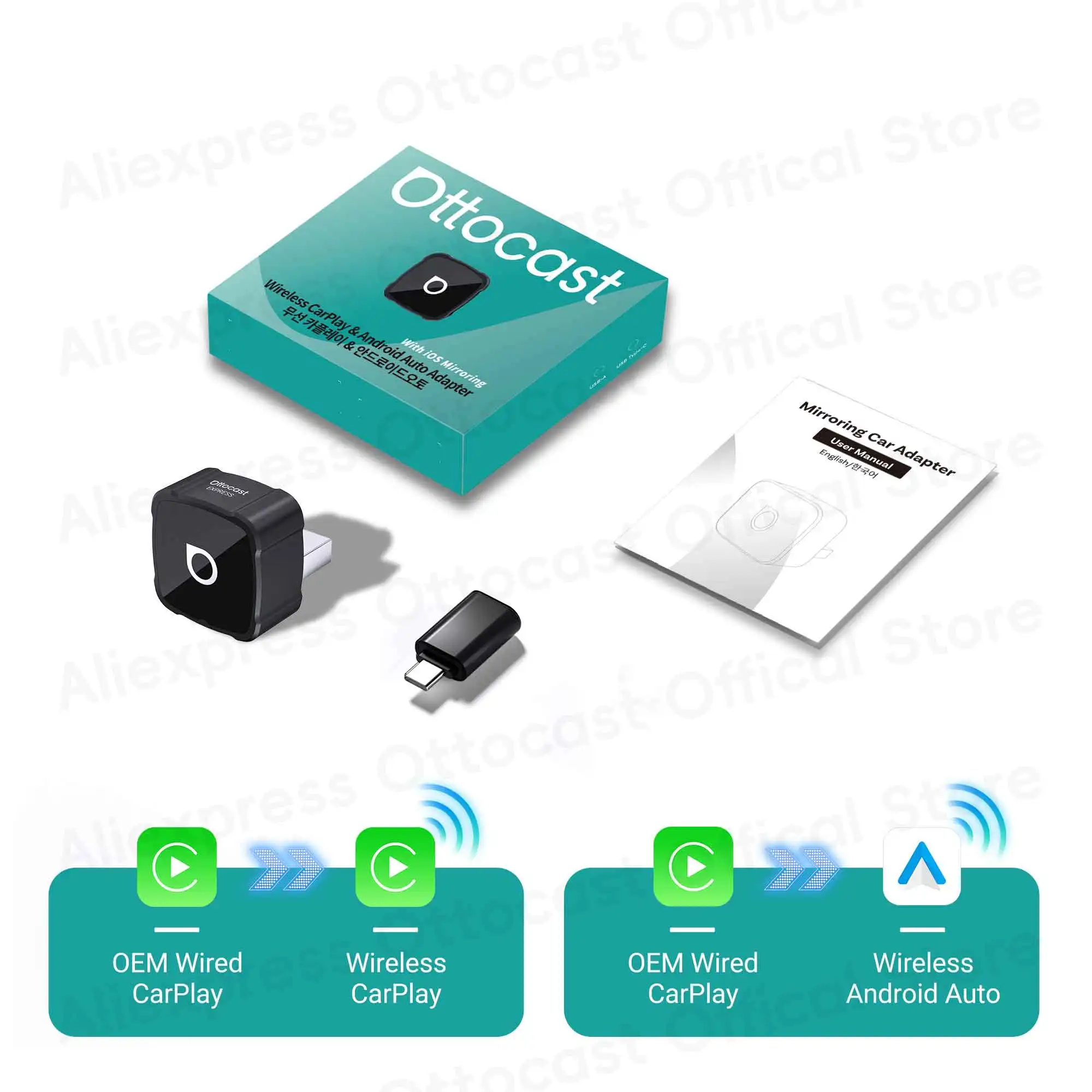 OTTOCAST Express MINI AIR 3-in-1 Cube Adapter 4.0 Draadloze CarPlay Android Auto voor iOS Schermspiegeling Auto-accessoires 2026