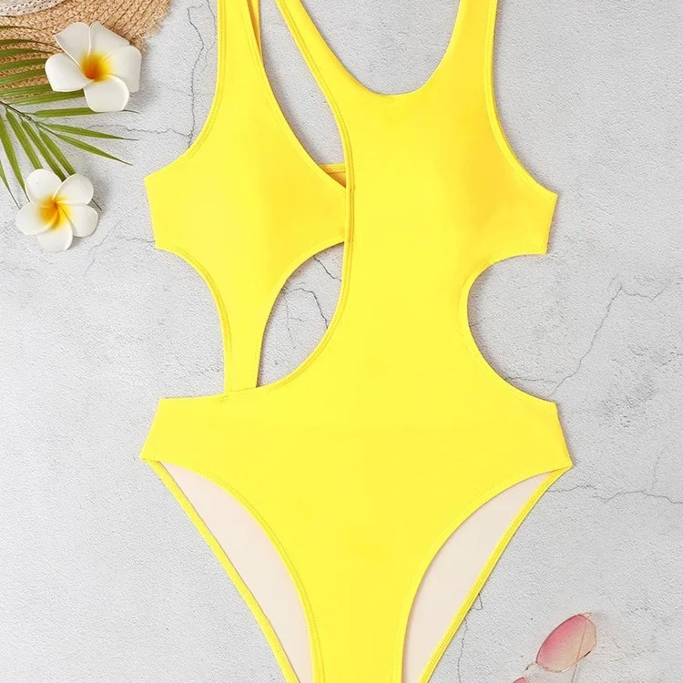 New Solid Color Waist-Revealing Irregular Design Beach Sports Swimsuit Bikini