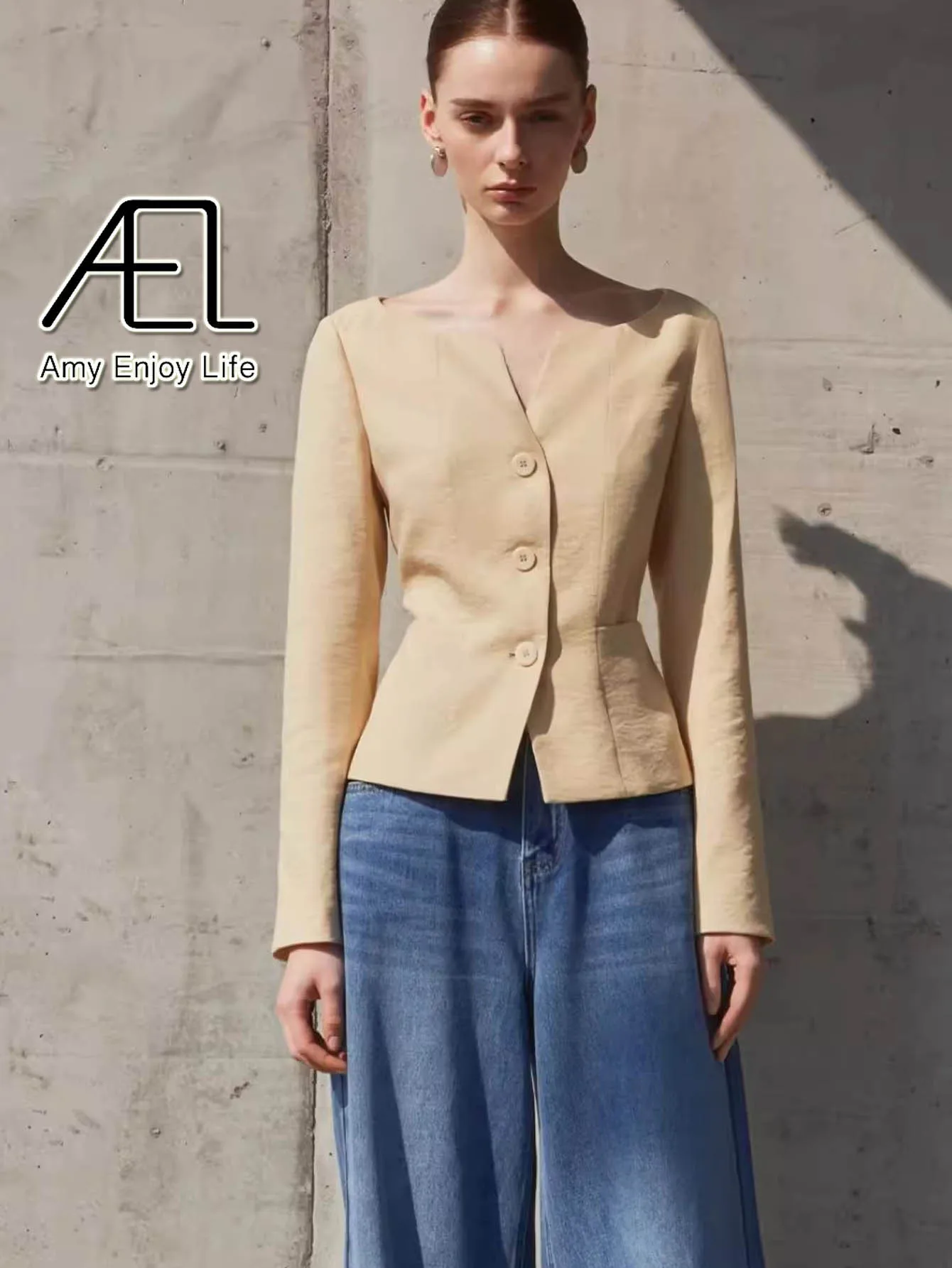 AEL 봄 가을 여성 슬림 우아한 짧은 코트 포켓 싱글 브레스트 자켓 여성용 Outwear