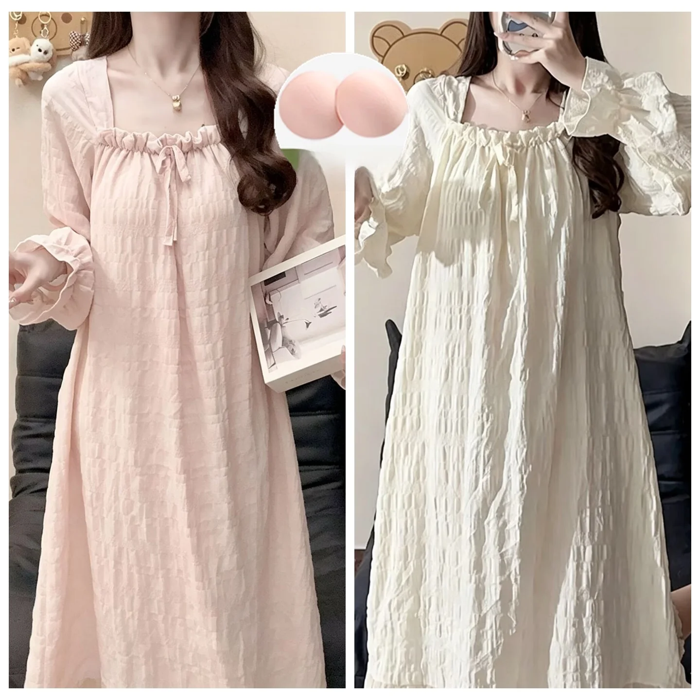 Princess Style Long Sleeve Cloud Cotton Sleepwear Women's Dress with Chest Pad Spring Autumn Winter Comfortable Home Clothes