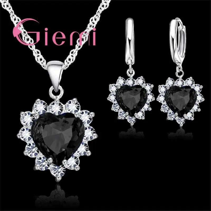 True Love 925 Sterling Silver Jewelry Sets For Wedding Women Cubic Zirconia Pendant Necklace Earrings Set Valentine\'s Gift