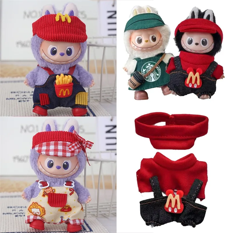 

4.0 The Monsters Pin Love Series For Labubu Doll Coffee Workwear Set Clothing Fast Food French Fries Hamburgers Ropa Clothes
