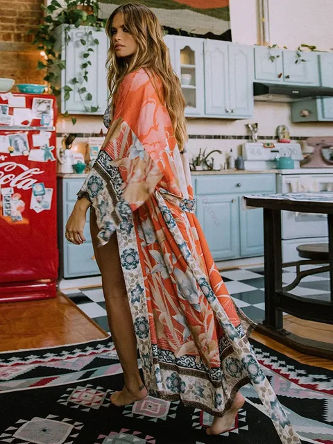 2025 Bikini encubrimientos Rosa Boho estampado auto cinturón frente abierto largo vestido tipo kimono túnica de playa traje de baño para mujer vestido para cubrir
