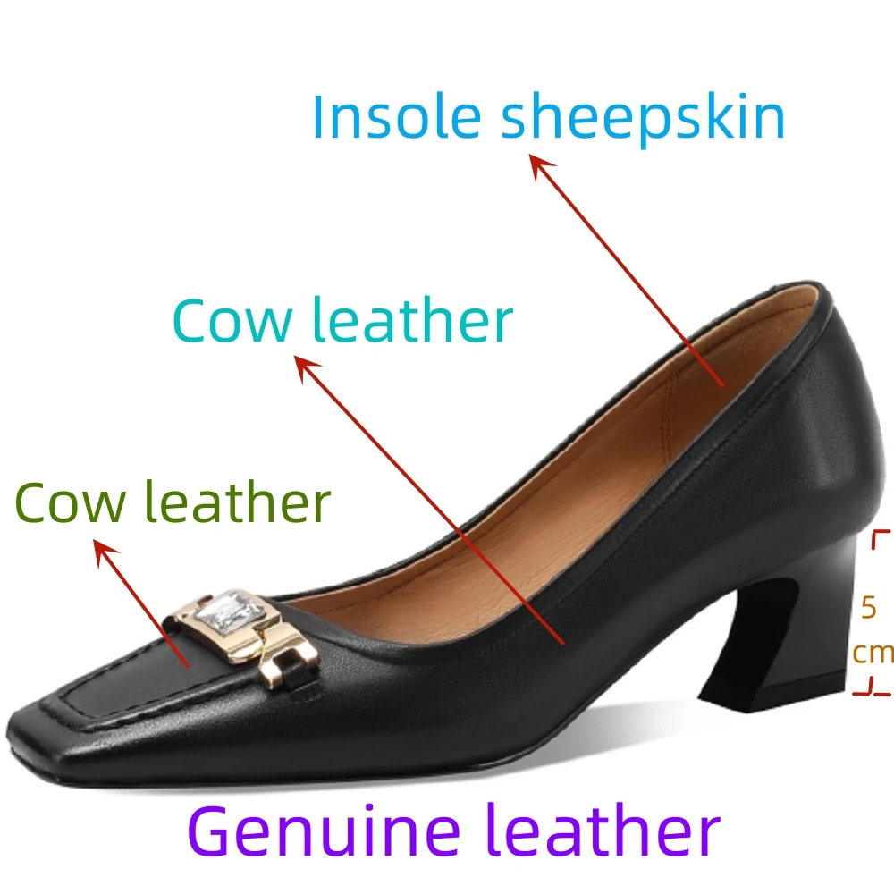 【JOCHEBED HU】Women Fashion Shoes Genuine Leather Thick Heels Metal Decoration Pumps Elegant High Heel Ladies Footwear 33-43