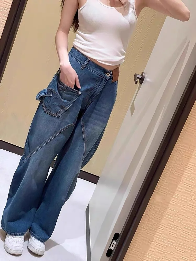 

Blue Asymmetric Denim Pants 2025 New Women's Jeans Loose And Comfortable Trendy Ladies Trousers