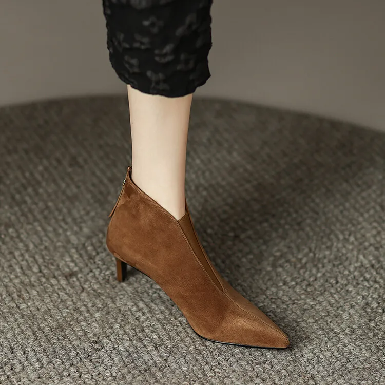 

Women's Suede Back Zipper Design Thin High-heeled Short Boots 2025 Spring and Autumn Pointed Elegant Versatile Fashion Boots