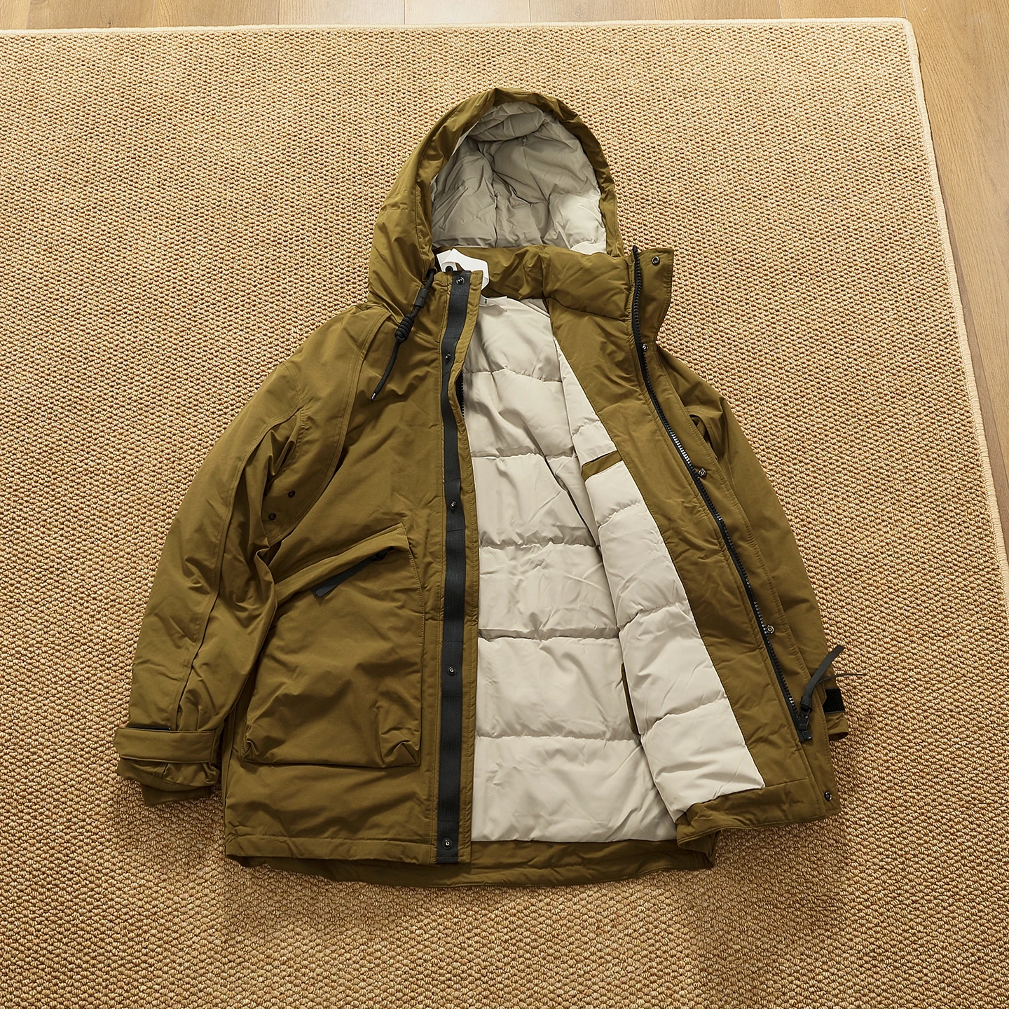 Winter New American Retro Mid-Length Duck Down-Filled Cargo Puffer Jacket with Hood Men's Trendy Thick Oversized Trench Coat