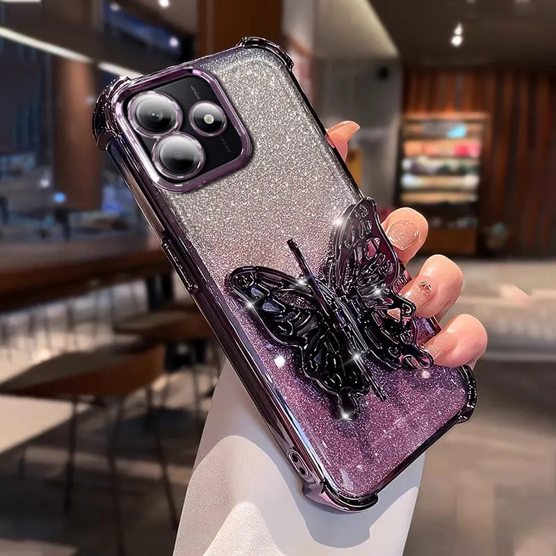 Luxury Case with Butterfly Bracket for Xiaomi, Cover for Redmi Note 14, 13, 12, Pro plus, 14C, 13C, 12C, 10, 5G Shockproof Cases