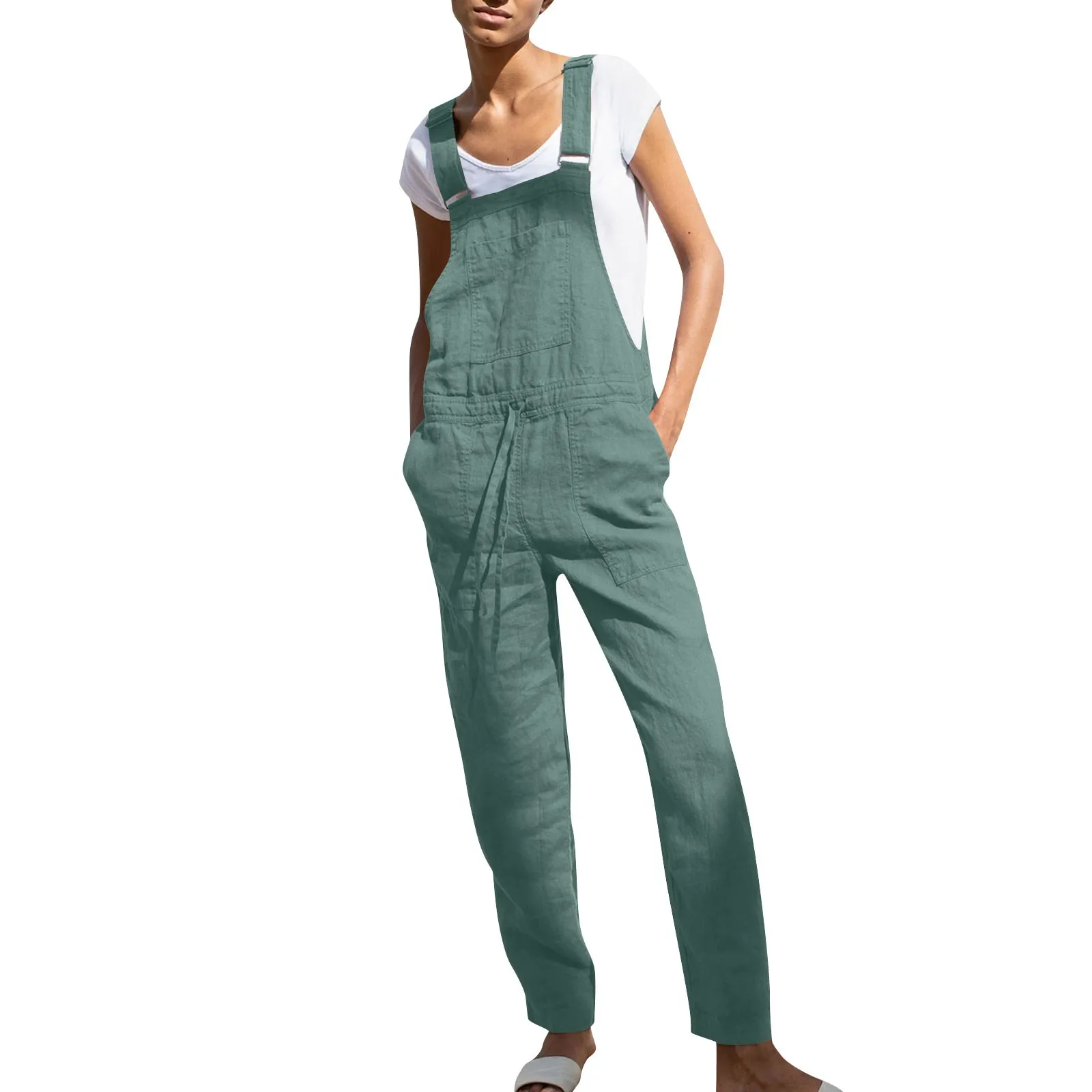 

Solid Color Women Loose Cotton Linen Jumpsuit Sleeveless Overalls Jumpsuits Body Vintage Pants With Pocket Femme Clothes