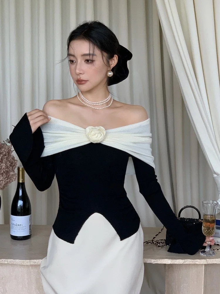 Ele Pure Desire One-oulder Flower Splice Knitted Sweater Slim Fit Korean Sle Commute Faion ort Sve Top