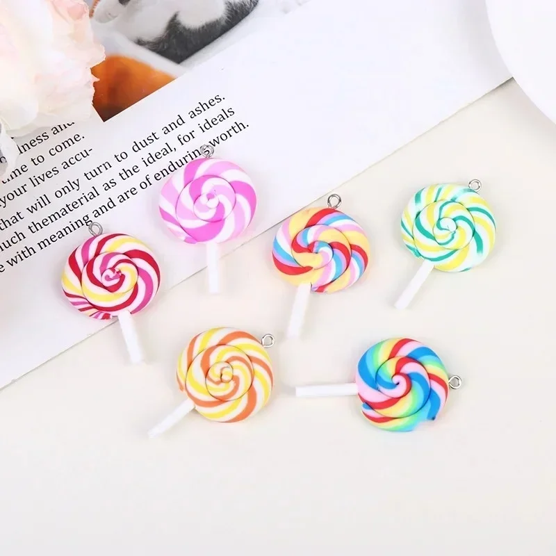 10Pcs Girls Lovely Random Color Soft Clay Lollipop Charms Simulation Candy Pendants For Handmade Necklace Earring Decor - view 5